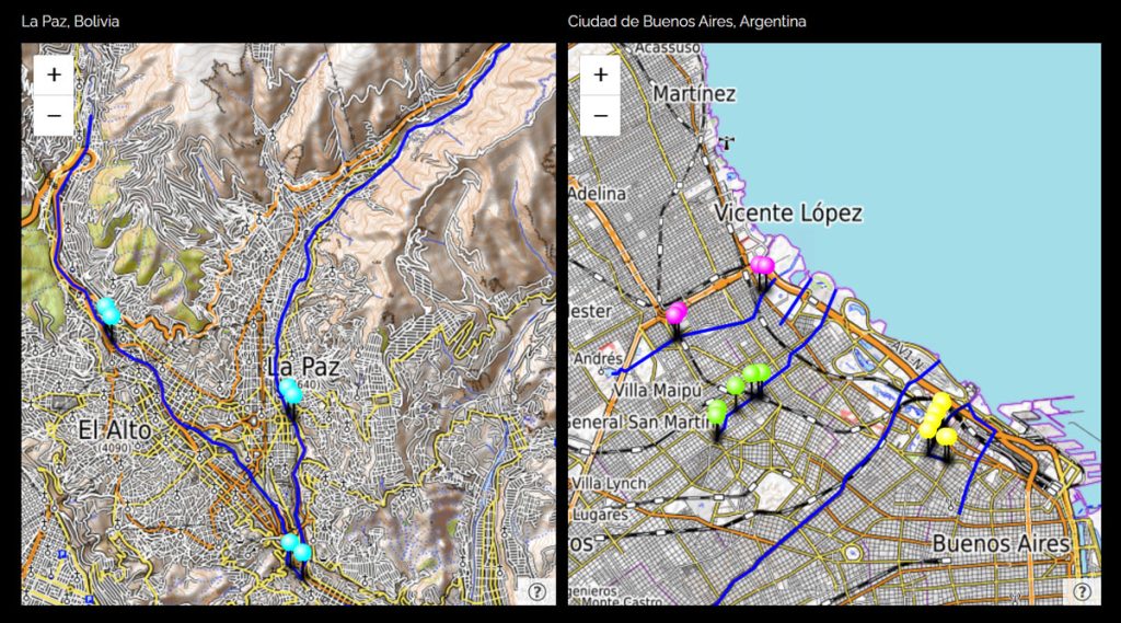 A map of Buenos Aires and La Paz, showing the locations of various underground rivers