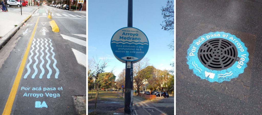 Signposts around Buenos Aires stating that a river flows under the ground